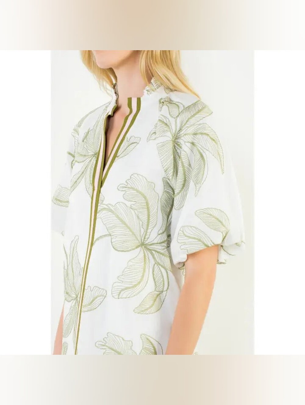 THML White Floral Mini Dress with Olive Trim - Picture 6 of 8